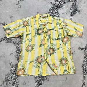 Genelli 100% Linen Tropical Floral Striped Button Front Camp Shirt Mens Sz Large